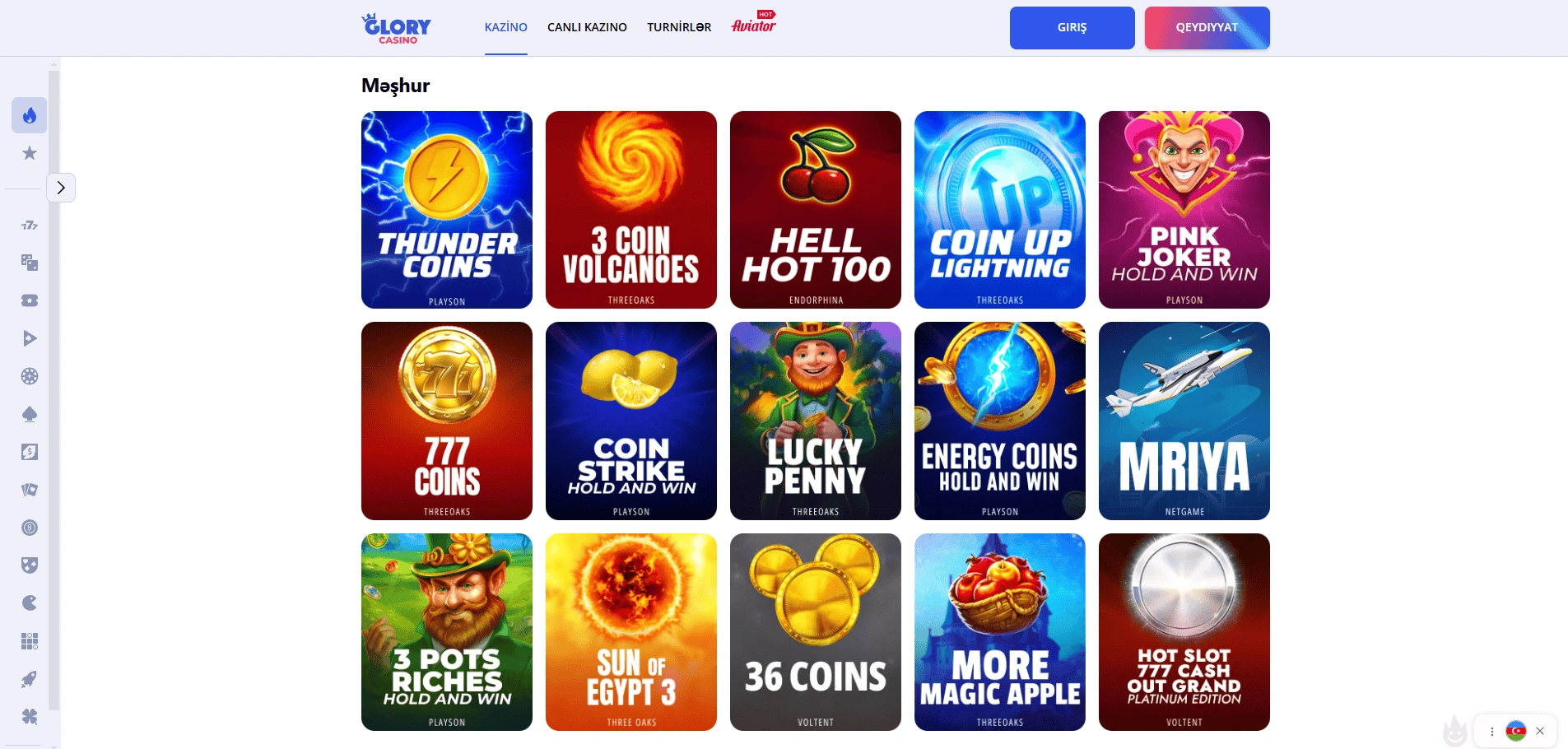 Glory kazinosunda oynaya biləcəyiniz oyunlar