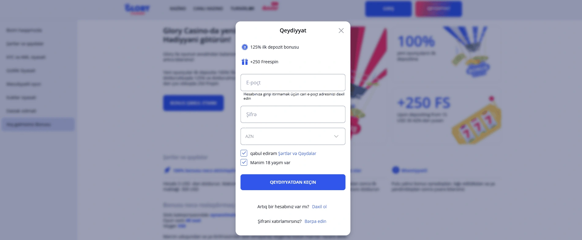 Glory kazinosunda qeydiyyat addımları